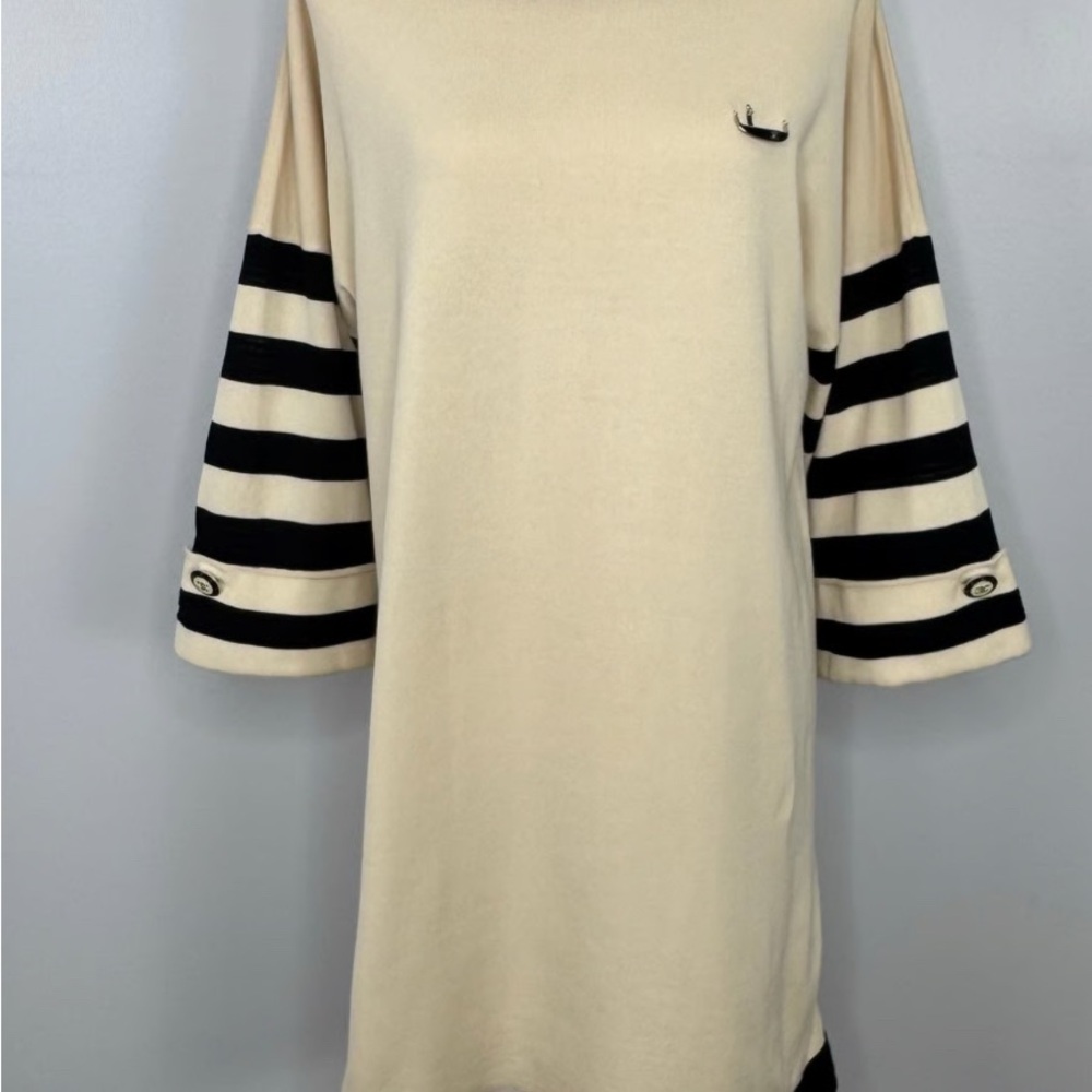 CHANEL Beige Dress with Black Striped Sleeves